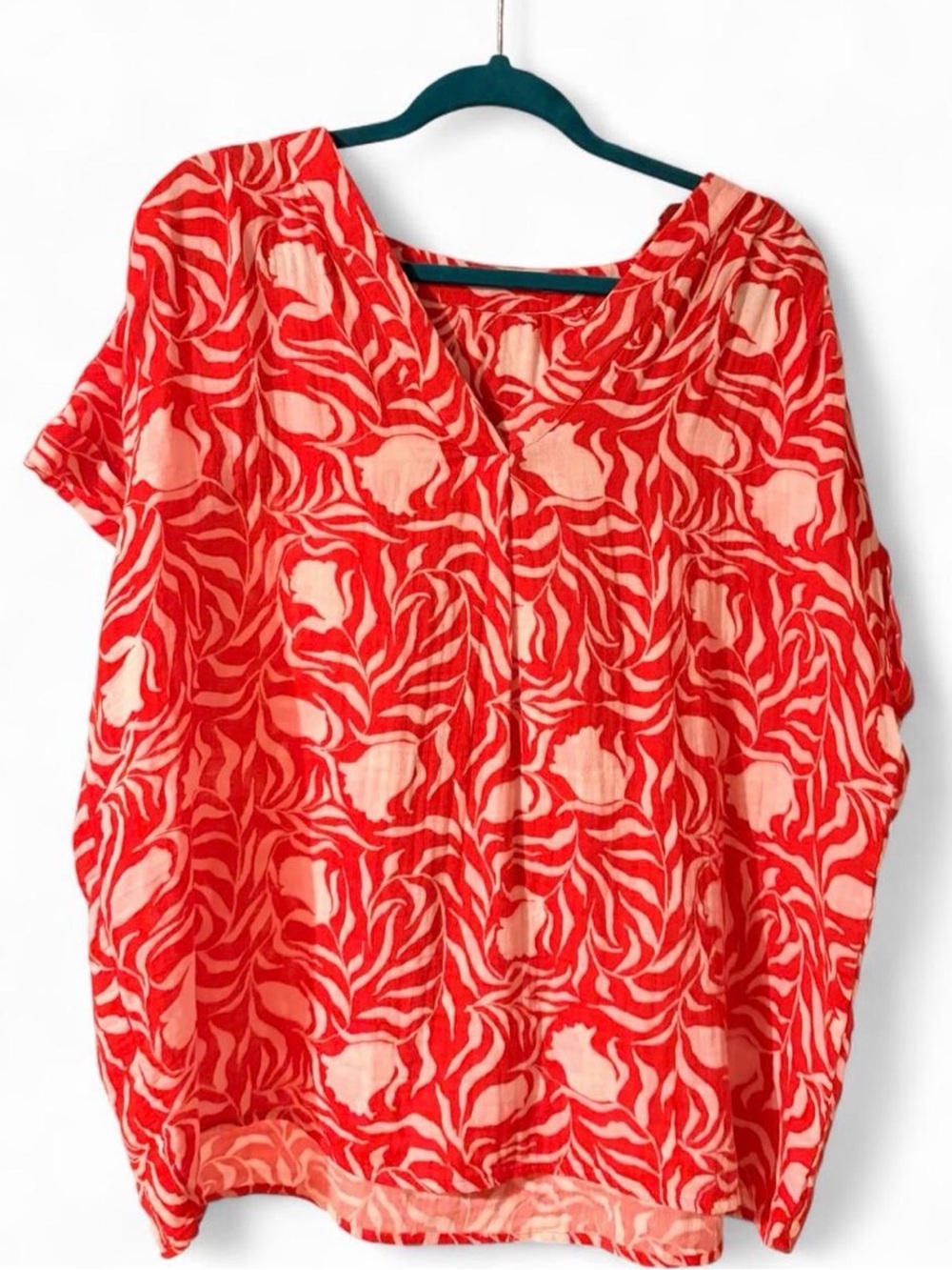 Bold Coral & White Printed V-Neck Tunic Top